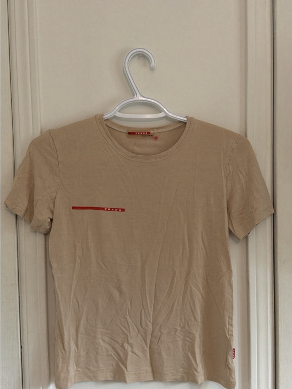 Prada Beige T-Shirt with Red Logo Stripe